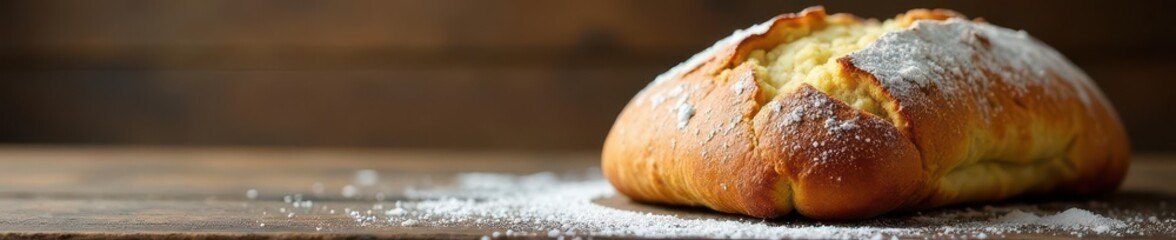 Golden-brown crusty loaf, flour dusting, rustic wood , sourdough, tasty