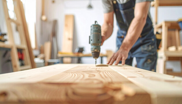 Woodworking project drill action in workshop craftsmanship skills focused diy environment