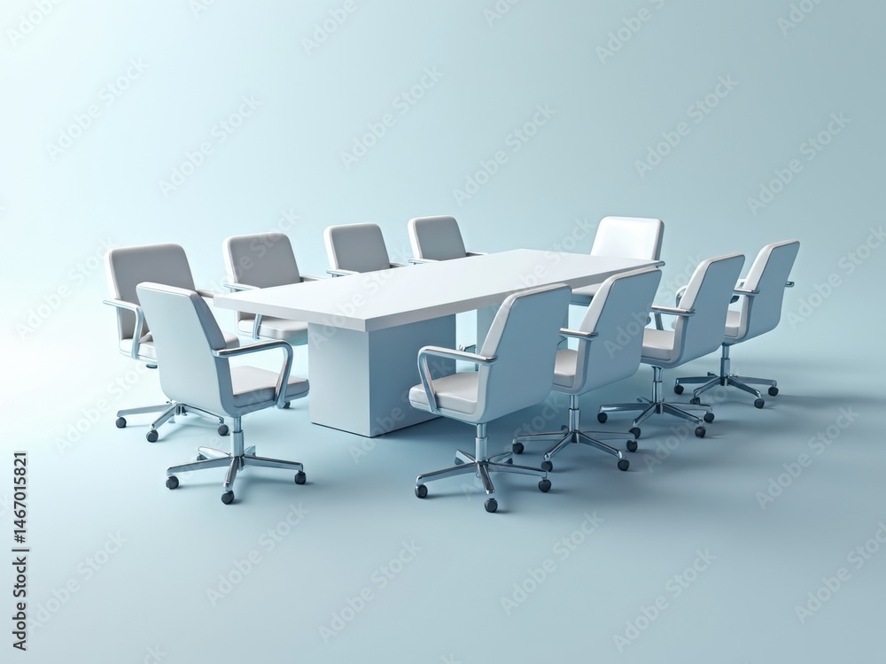 Poster a minimalist 3d icon of a conference table with holographic name tags, soft shadows, and a subtle gl