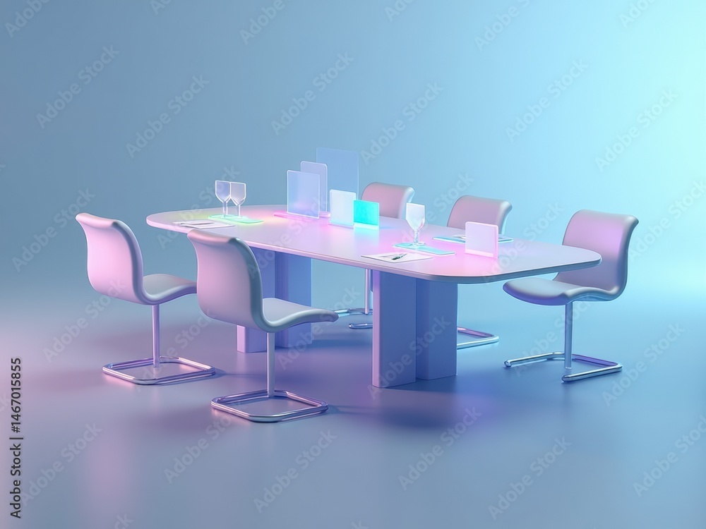 Poster a minimalist 3d icon of a conference table with holographic name tags, soft shadows, and a subtle gl