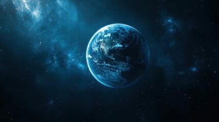 Earth from space, surrounded by nebulae and stars, dark blue tones.