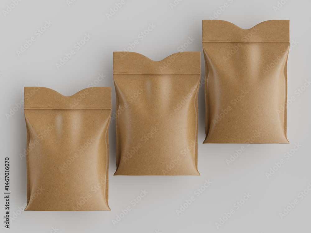 Poster three brown paper bags in row on a neutral background for product packaging design or mockup present