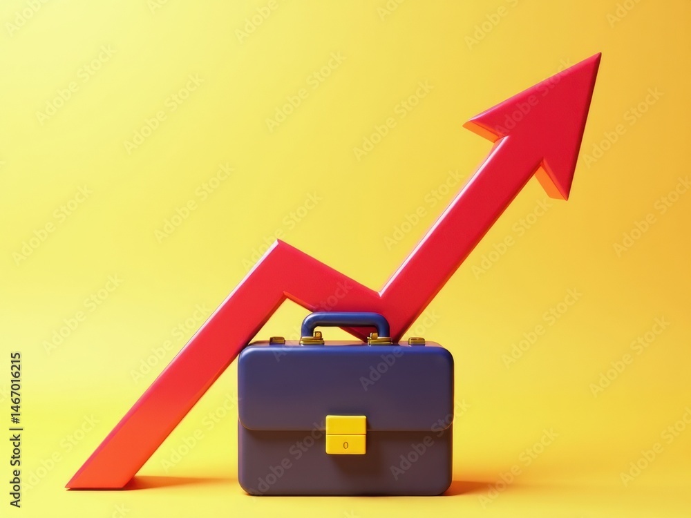 Poster a 3d icon of a rising stock arrow with a briefcase at the base, finance and success metaphor .