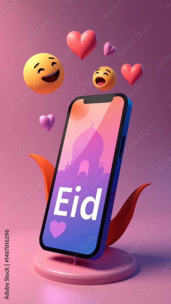 Poster a modern 3d icon of a smartphone displaying eid greetings with floating emoji hearts above it in.