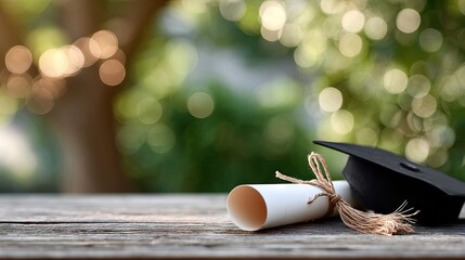 Obraz premium A graduation cap and diploma rolled up, placed on a wooden surface with a soft bokeh background, creating a celebratory atmosphere