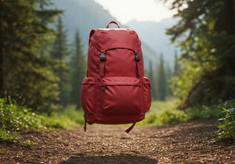 Red Backpack in Forest Outdoors Gear