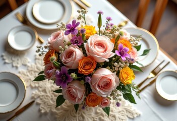 vibrant colorful bridal bouquet arranged white linen table elegant wedding table setting, centerpiece, arrangement, colors, petal, greenery, flora