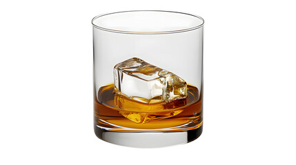 Single Clear Glass with Ice Cube and Amber Whiskey on Transparent Background