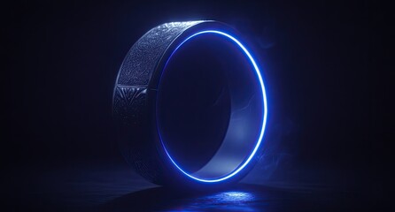 Futuristic ring, glowing blue light, dark background