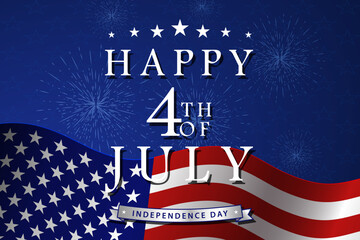 Happy 4th of July background with US national flag, fireworks and stars. USA Independence Day. Vector illustration.