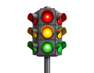 A standard threelight traffic signal shows red yellow and green lit indicators embodying 