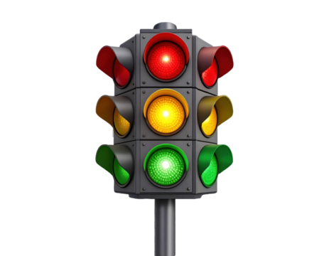 A standard threelight traffic signal shows red yellow and green lit indicators embodying 