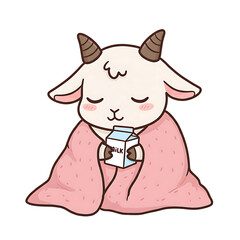 Fototapeta premium Cute goat drinking milk animal cartoon illustration kawaii art pink blanket adorable farm mammal character on transparent background