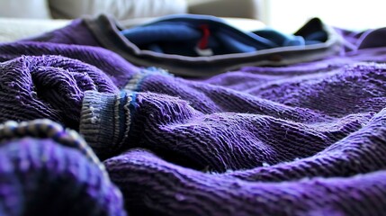Close-up perspective showcasing the textured details of a wrinkled purple garment