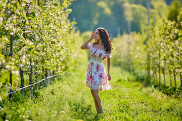 Full body portrait of a beautiful woman in a dress in a blooming apple orchard on a sunny spring day
