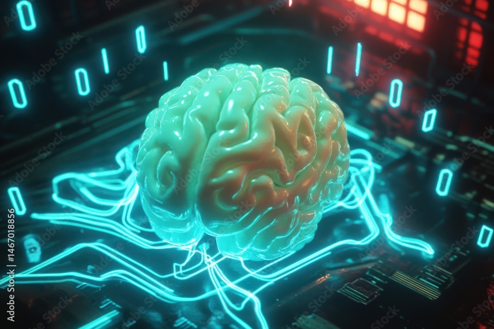 Poster illuminated brain with binary code and neon wires representing artificial intelligence concept art