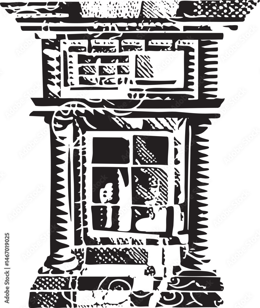 Poster a monochrome block print depicts a stylized building facade with intricate architectural details.