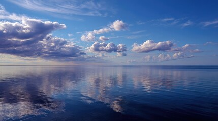 Obraz premium A panoramic shot of the horizon where the sea and sky blend into each other, with calm waters reflecting the gentle sky