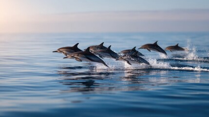Fototapeta premium A pod of striped dolphins jumping in unison, captured mid-air over calm ocean waters