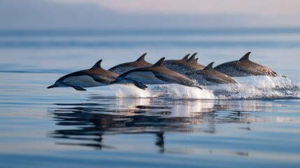Fototapeta premium A pod of striped dolphins jumping in unison, captured mid-air over calm ocean waters