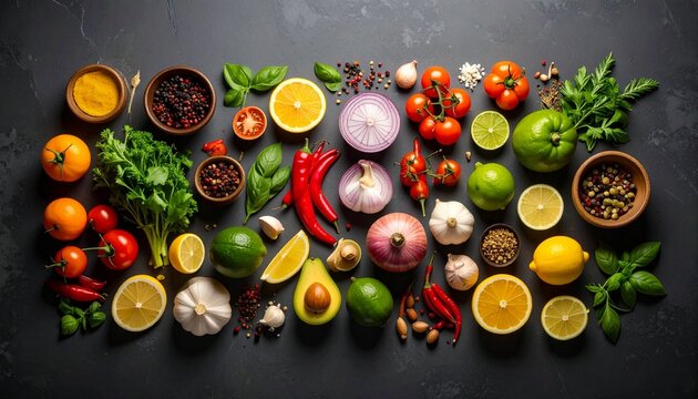 Dise&ntilde;o plano de elementos culinarios sobre fondo oscuro con textura y espacio libre para texto; recetas de cocina; preparaci&oacute;n de alimentos saludables, negocios de restauraci&oacute;n, cafeter&iacute;as, servicio d