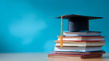 Graduation cap on stack of books against blue background symbolizing academic success and higher education achievement