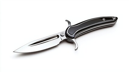 Fototapeta premium A sleek pocket knife with a shiny silver blade and black handle is displayed on a plain white background showcasing its design and construction quality well.