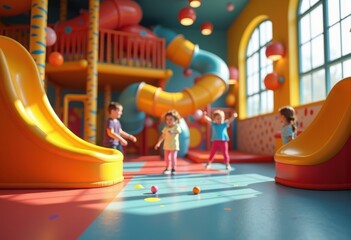 vibrant indoor play zone kids bright colors fun playground interactive structures slides ball pits creative activities, furniture, equipment, safety, creativity