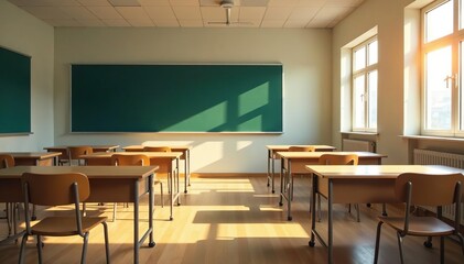 Empty classroom bathed in sunlight, Sunday morning stillness , school furniture, schoolhouse