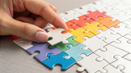 Obraz premium goal setting investment cocept A hand placing a puzzle piece on a colorful, incomplete jigsaw puzzle.