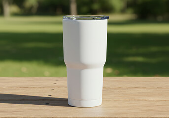 White Tumbler on Wooden Table