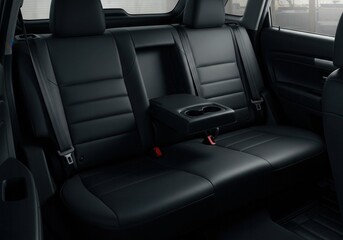 Interior of a car showcasing the black leather back seats with a center console and seatbelts shown