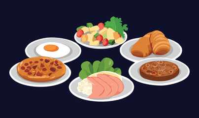 Set of Menu Plates with Bread and Ham and Egg and Fruits - Vector Illustration