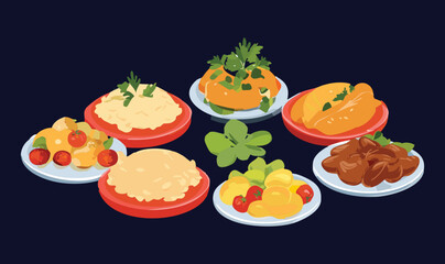 Variety of Side Dishes on Round Plate - Vector Illustration