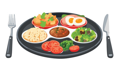 Platter of Mixed Dishes with Bread and Eggs - Vector Illustration