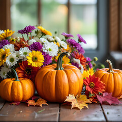 Autumn Elegance: Festive Pumpkin Arrangement with Vibrant Flowers and Neutral Backdrop