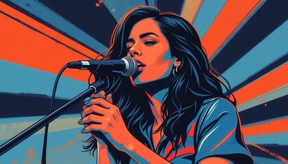 Illustration of a Woman Singing with Vibrant Striped Background