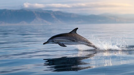 Fototapeta premium A striped dolphin caught in full extension above the calm sea, symbolizing freedom and nature