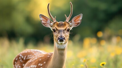 A young deer with antlers stands in a sunlit, grassy field, surrounded by wildflowers and a blurred green background.