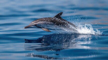 Fototapeta premium A striped dolphin gracefully leaping out of the clear blue sea, water droplets sparkling in the sunlight