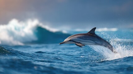 Fototapeta premium A stunning action shot of a striped dolphin suspended mid-air with ocean waves and sky in the background