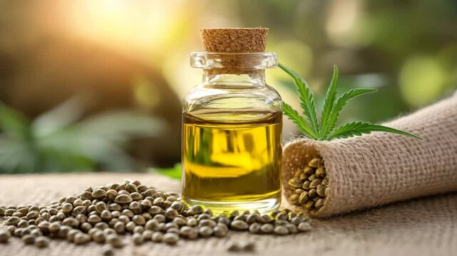 A glass bottle of golden hemp oil is displayed alongside scattered hemp seeds and a burlap sack, with a cannabis leaf and a softly blurred natural background, evoking a sense of wellness and organic 