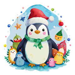 a watercolor penguin in a Santa hat, nestled among other watercolor winter characters