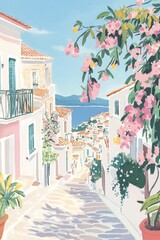 Gouache Illustration of Olympia in Greece on a Sunny Morning with Detailed Soft Pastel Colour Palette and Vintage Vogue