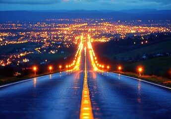 Fototapeta premium A wide-angle photo of an empty highway leading to the city skyline, sky is dark and stormy, road reflects in puddles along its edges