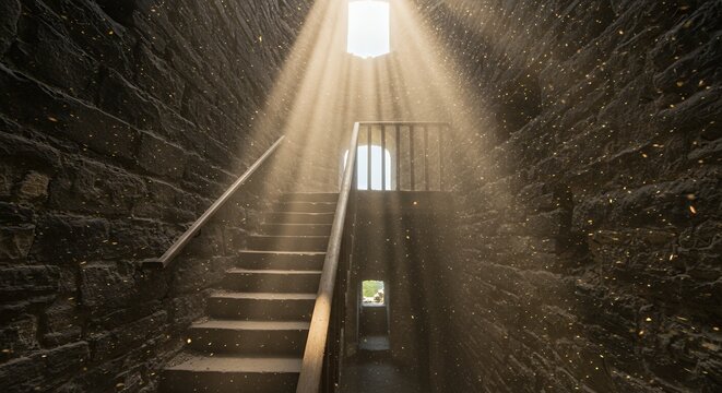 Stone staircase with sun rays inside tower - Powered by Adobe