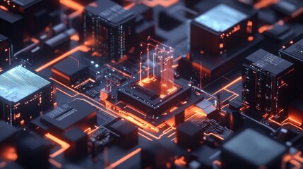 Fototapeta premium Futuristic CPU glowing orange on a circuit board.