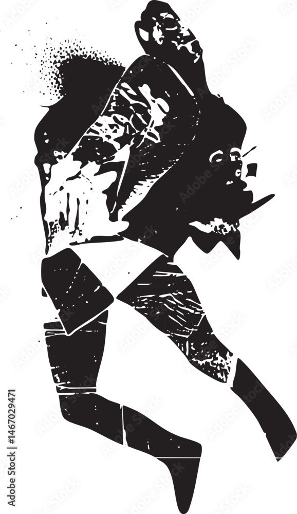 Poster a silhouetted figure leaps dynamically through a textured abstract background.