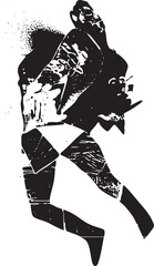 A silhouetted figure leaps dynamically through a textured abstract background.