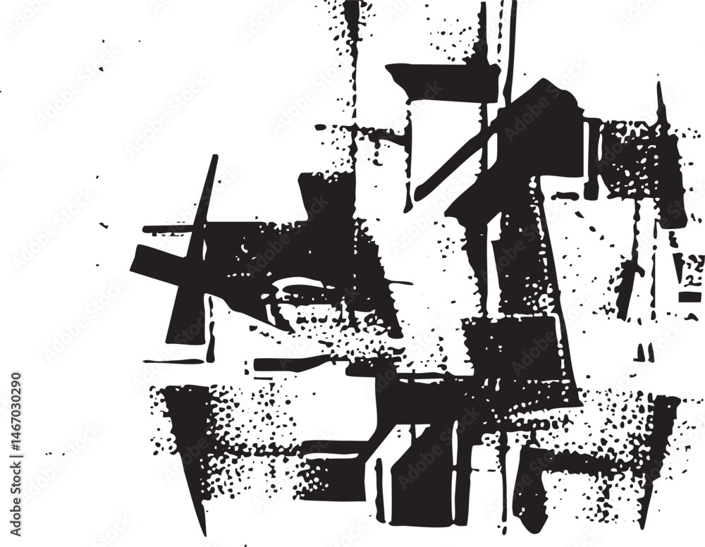 Poster abstract geometric shapes overlap and interact on a white background.